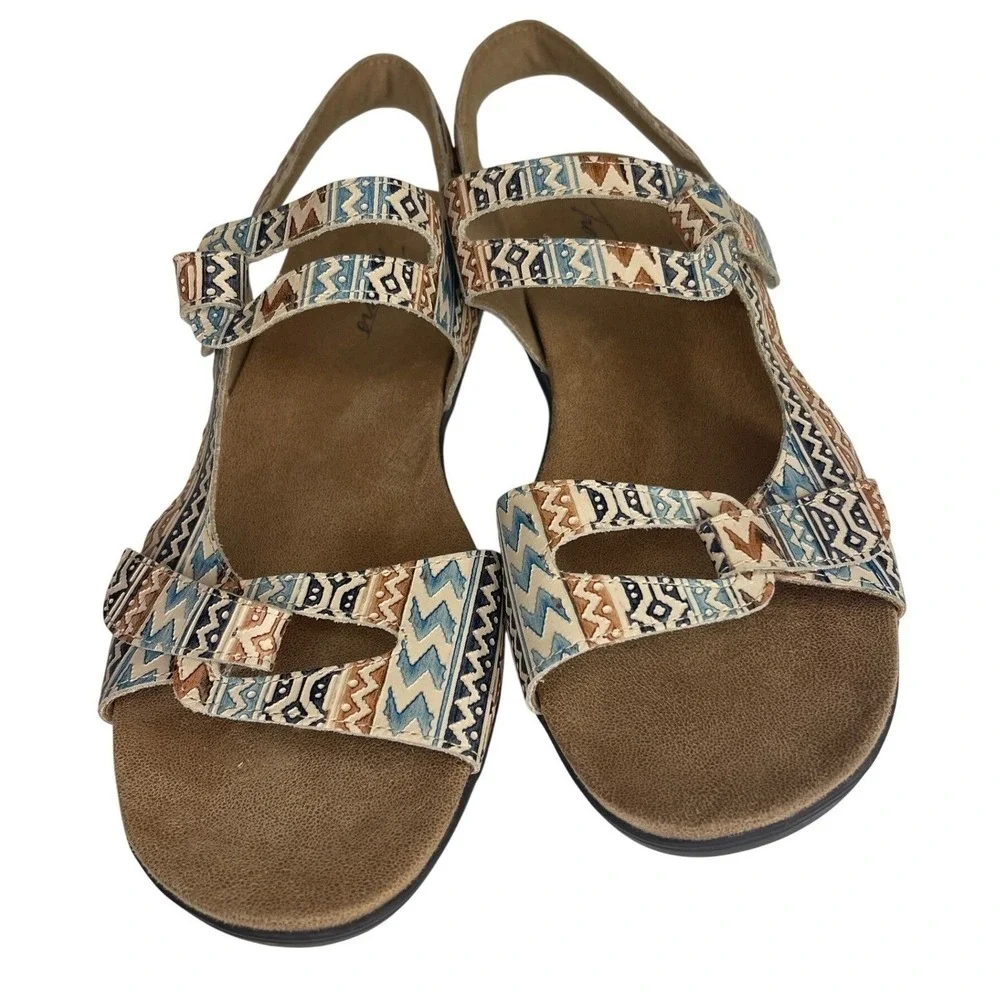 Trotters Womens Strappy Sandals Geometric Tribal Print Blue Tan Slingback 11M